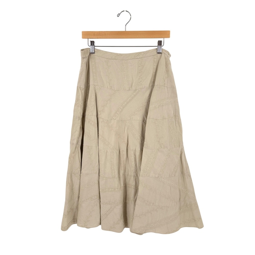 Coldwater Creek Skirt Tan PMD‎ Embroidered Linen Blend Midi Boho Cottage Coastal